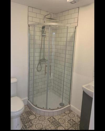 y baño con ducha y aseo. en Beautiful stylish house near town centre en Rugby