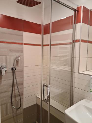 a shower with a glass door in a bathroom at Hotel Skicentrum in Harrachov