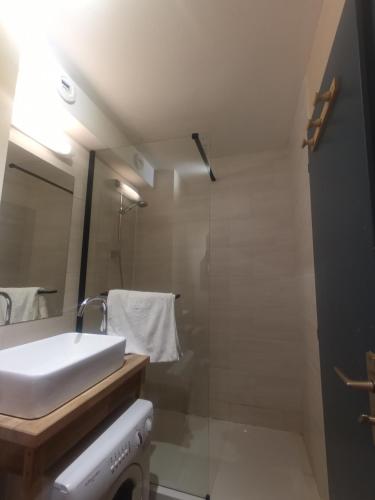 une salle de bain avec un lavabo et une douche avec un miroir dans l'établissement Le refuge de l'aiguille, à Chamonix-Mont-Blanc
