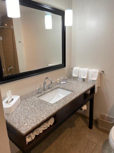 a bathroom with a sink and a mirror at Comfort Inn Connellsville Riverview in Connellsville