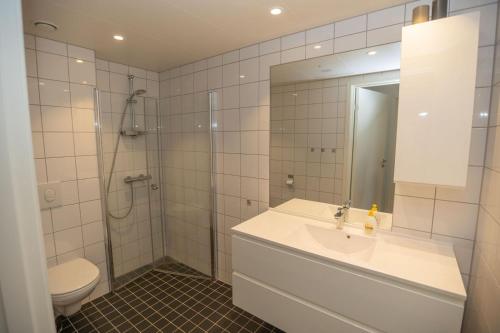 a bathroom with a sink and a shower and a toilet at Four bedroom holiday cottage in Sirdal in Tjørhom