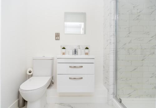 a white bathroom with a toilet and a shower at Modern Apartments in Kings Lynn with Free Wi-Fi in King's Lynn