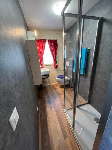 La salle de bains est pourvue d'une douche, d'un lavabo et de toilettes. dans l'établissement Bungalow Li Presi in Camping Cavresc, Via dal Cavresc 1, 7746 Le Prese-Poschiavo, à Poschiavo