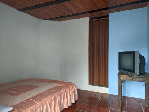 - une chambre avec un lit et une télévision sur une table dans l'établissement Casa de Campo La Prosperidad, à Bobadilla