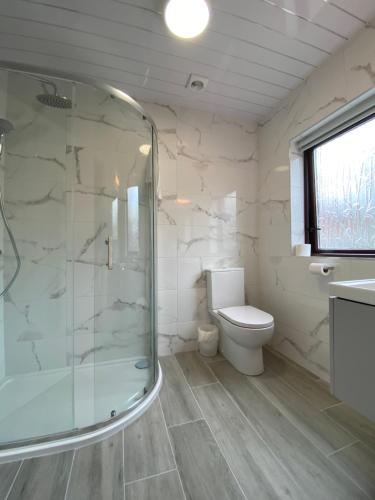 a bathroom with a glass shower and a toilet at Tullybay Holiday Homes in Tully