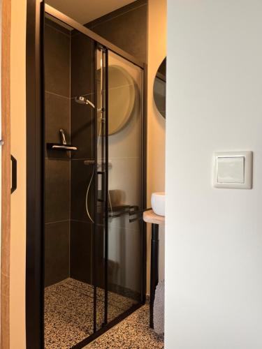 een douche met een glazen deur in een badkamer bij De Hoogstam in Vijlen