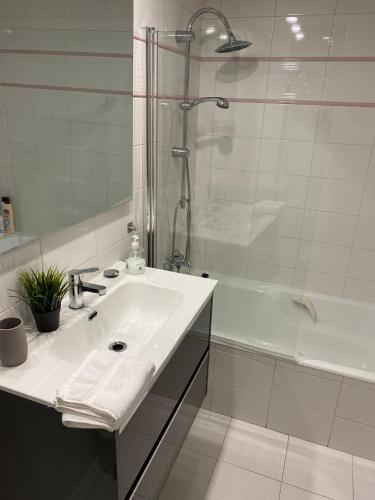 a bathroom with a sink and a shower and a tub at Casa Melodía in Calahorra