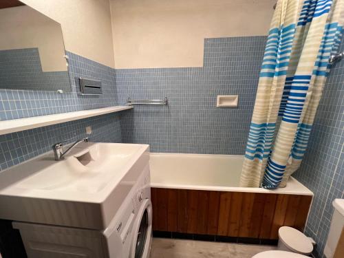 uma casa de banho com um lavatório e uma máquina de lavar roupa em Aravis 1500-11 - 2 pieces et coin nuit em La Clusaz