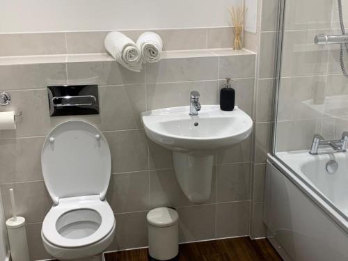 a bathroom with a toilet and a sink at Lakeside 2 BED LUXURY APARTMENT No PARTIES No EVENTS Early Check-in Late Check- Out Allowed in West Thurrock