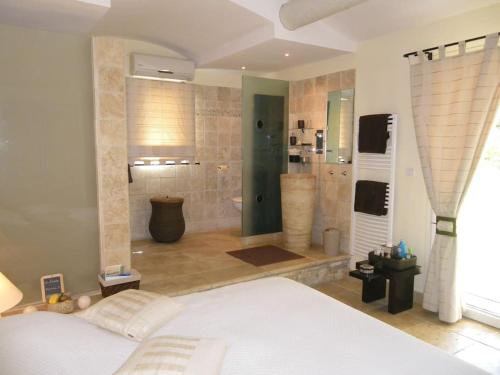 - une chambre avec un lit, une douche et une salle de bains dans l'établissement Maison de Charme au Pays de Cézanne, à Aix-en-Provence