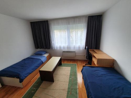 a bedroom with two beds and a window at Kosevo Apartment in Sarajevo