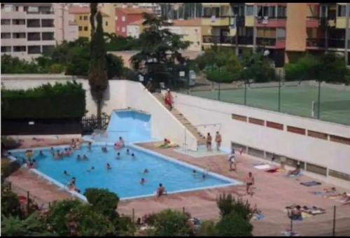un groupe de personnes dans une piscine dans l'établissement Studio Cap Agde, au Cap d'Agde