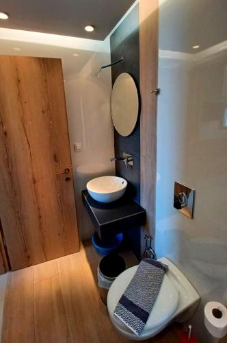 a bathroom with a sink and a toilet and a mirror at En Plo Studios & Apartments in Plakias