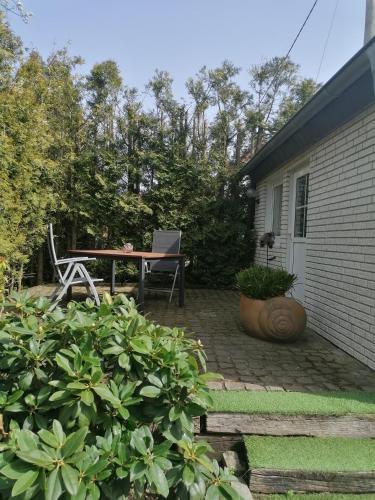 a patio with a table and chairs in a yard at 25qm großes Ferienhäuschen " Der Hengstall" auf unserem Reiterhof in Birkenbeul