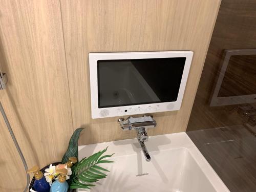 a television on a wall above a bathroom sink at hotel brattostay ホテル ブラットステイ in Hachioji