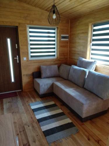 a living room with a couch in a wooden room at Domki Jastrzębia Mazury in Pasym