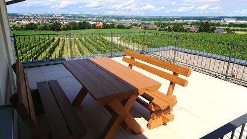 a wooden bench sitting on a balcony with a vineyard at Weinbergshof Rickel in Kitzingen