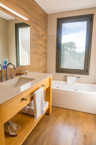 a bathroom with a sink and a tub and a window at Iguazu Jungle Lodge in Puerto Iguazú