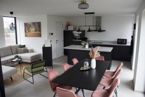 a kitchen and living room with a table and chairs at Aan Wal in Rekem