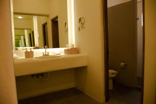 a bathroom with a sink and a mirror at Hacienda 1800 in Cuatrociénegas de Carranza