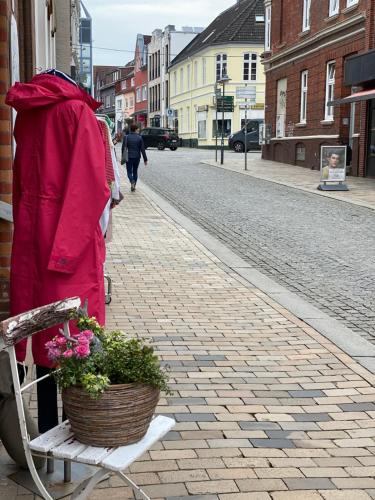 a person standing on a street with a basket of flowers at Hafenkoje Husum in Husum