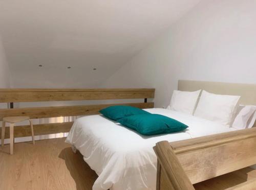 Un dormitorio con una cama con una almohada verde. en PUERTA DE CACERES Apartamento 4 en Cáceres