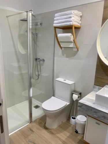 a bathroom with a toilet and a shower with towels at PUERTA DE CACERES Apartamento 4 in Cáceres
