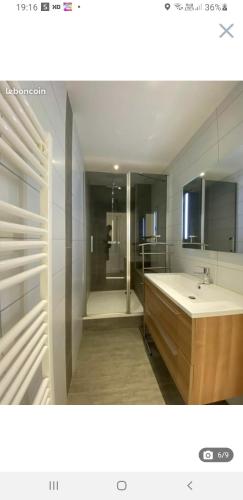 une salle de bain avec un lavabo, une douche et un miroir dans l'établissement Appartement contemporain le Vendome à 90m de la plage, au Grau-du-Roi