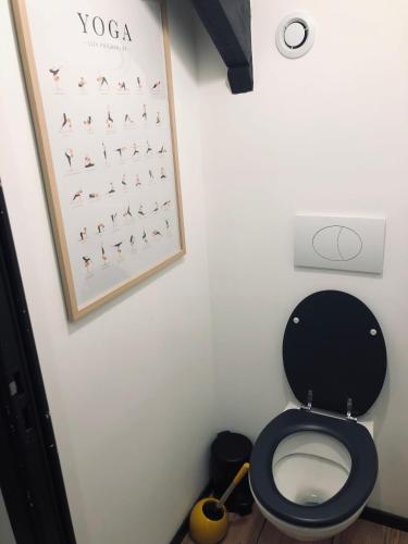 La salle de bains est pourvue de toilettes noires et d'une affiche murale. dans l'établissement 