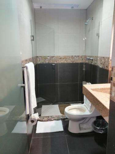 a bathroom with a toilet and a glass shower at Hotel Las Américas in Morelia