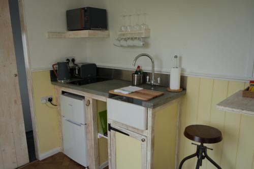 a kitchen with a sink and a counter top at Primrose in Tenby