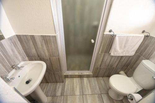 a bathroom with a toilet and a sink and a shower at Ecomotel Germiston in Germiston