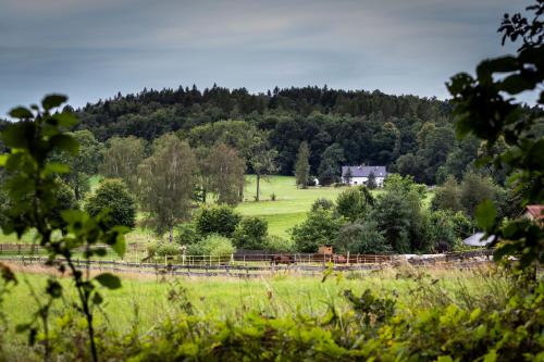 a field with a house on a hill with trees at Trapani house & camp in Růžová