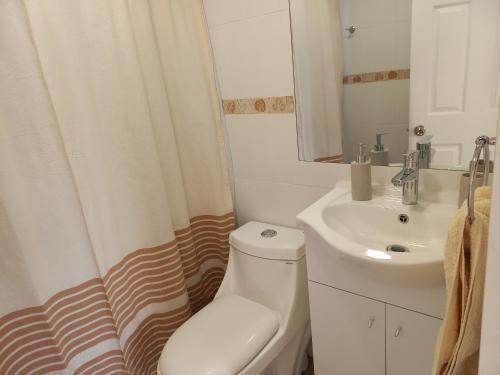 a bathroom with a white toilet and a sink at Casa Interior en La Cruz Quillota in Quillota