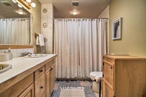 a bathroom with a shower and a sink and a toilet at Storybook Stratton House 3 Mi to Mount Snow! in Stratton