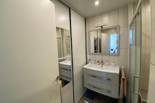 uma casa de banho com um lavatório e um espelho em 2 rooms facing south 300m from the Croisette LIVE IN LE BOSQUET em Cannes