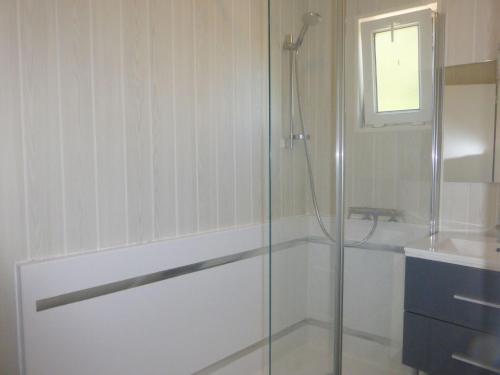 une salle de bain avec douche et lavabo dans l'établissement Holiday Home in Port Blanc by Sandy Beach, à Penvénan