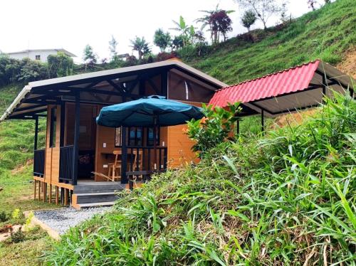 ein kleines Haus mit blauem Regenschirm auf einem Hügel in der Unterkunft Cabaña Glamping Los Canarios San Rafael, Antioquia in San Rafael