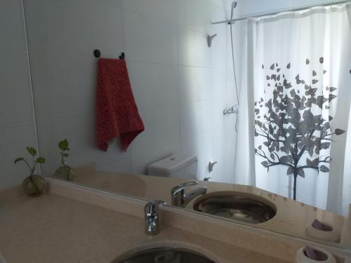 a bathroom with a sink and a shower with a mirror at kira in Rosario
