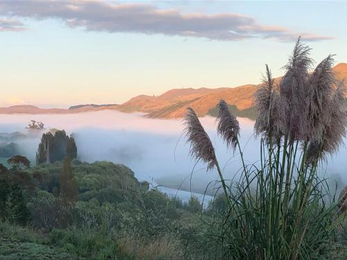 a view of a foggy valley with mountains in the background at River View Cottage in Kahuranaki