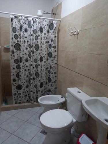 ein Bad mit einem WC und einer Dusche in der Unterkunft Apart Belgrano in Corrientes