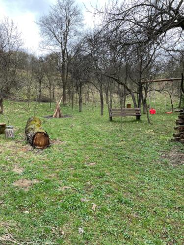 a park with a bench and a log in the grass at Casa Titiana Suncuius in Şuncuiuş