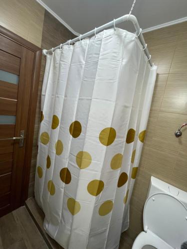 a bathroom with a shower curtain with a toilet at Casa Titiana Suncuius in Şuncuiuş
