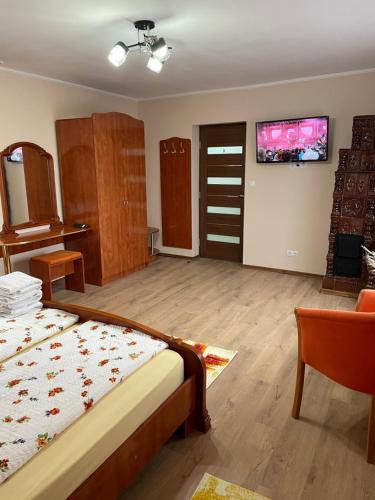 a bedroom with a bed and a tv on the wall at Casa Titiana Suncuius in Şuncuiuş