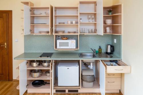a small kitchen with a counter and a microwave at Penzion Maštal in Český Krumlov