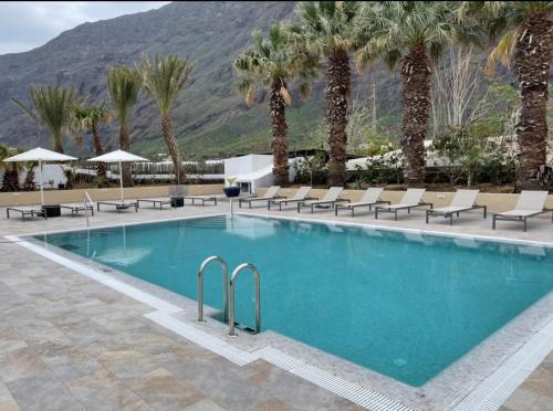 uma piscina com cadeiras e palmeiras em Apartamentos Finca Wapa em Frontera