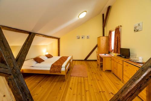 a bedroom with a bed and a television in it at Penzion Maštal in Český Krumlov
