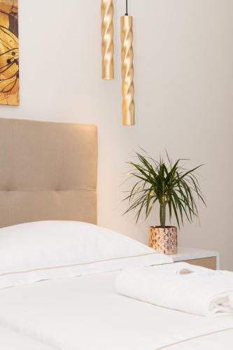 a bedroom with a bed and a potted plant at Ninemia Studios in Limenas