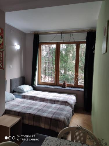 two beds in a room with a window at Pokoje Kolorowe Sny in Warsaw