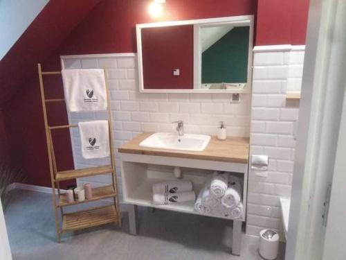 a bathroom with a sink and a mirror and towels at Mazurskie Centrum Rehabilitacji-Dębowa Góra in Olsztynek
